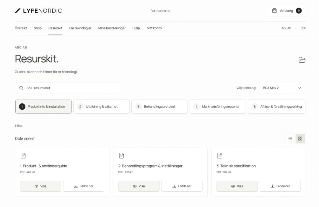 Resurskit för BOA Max 2 med kategorier för produktinfo, utbildning, behandlingsprotokoll och marknadsföring samt nedladdningsbara produktguider.