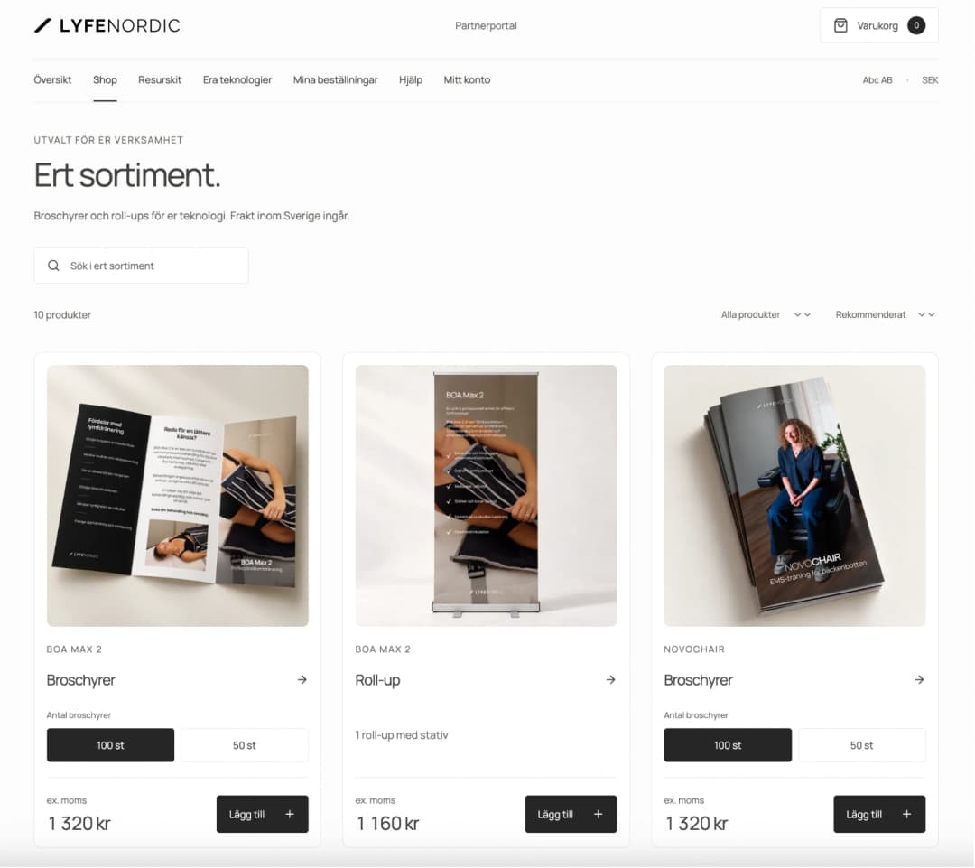 Partnerportalens shop med broschyrer och roll-ups för BOA Max 2 och broschyrer för NovoChair.