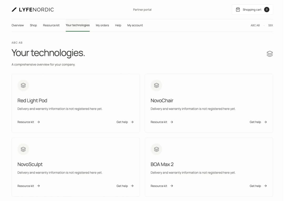 Company technology overview with Red Light Pod, NovoChair, NovoSculpt and BOA Max 2, and shortcuts to resource kits and support.