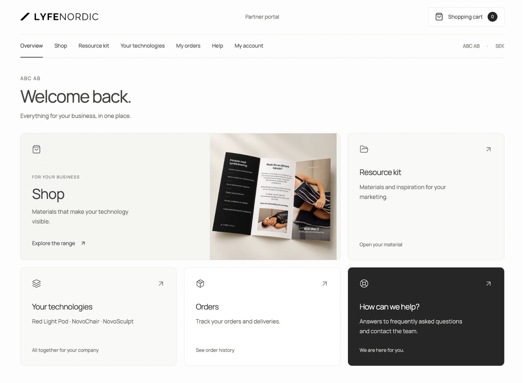 Lyfe Nordic Partner Portal overview with shortcuts to the shop, resource kits, company technologies, orders and help.