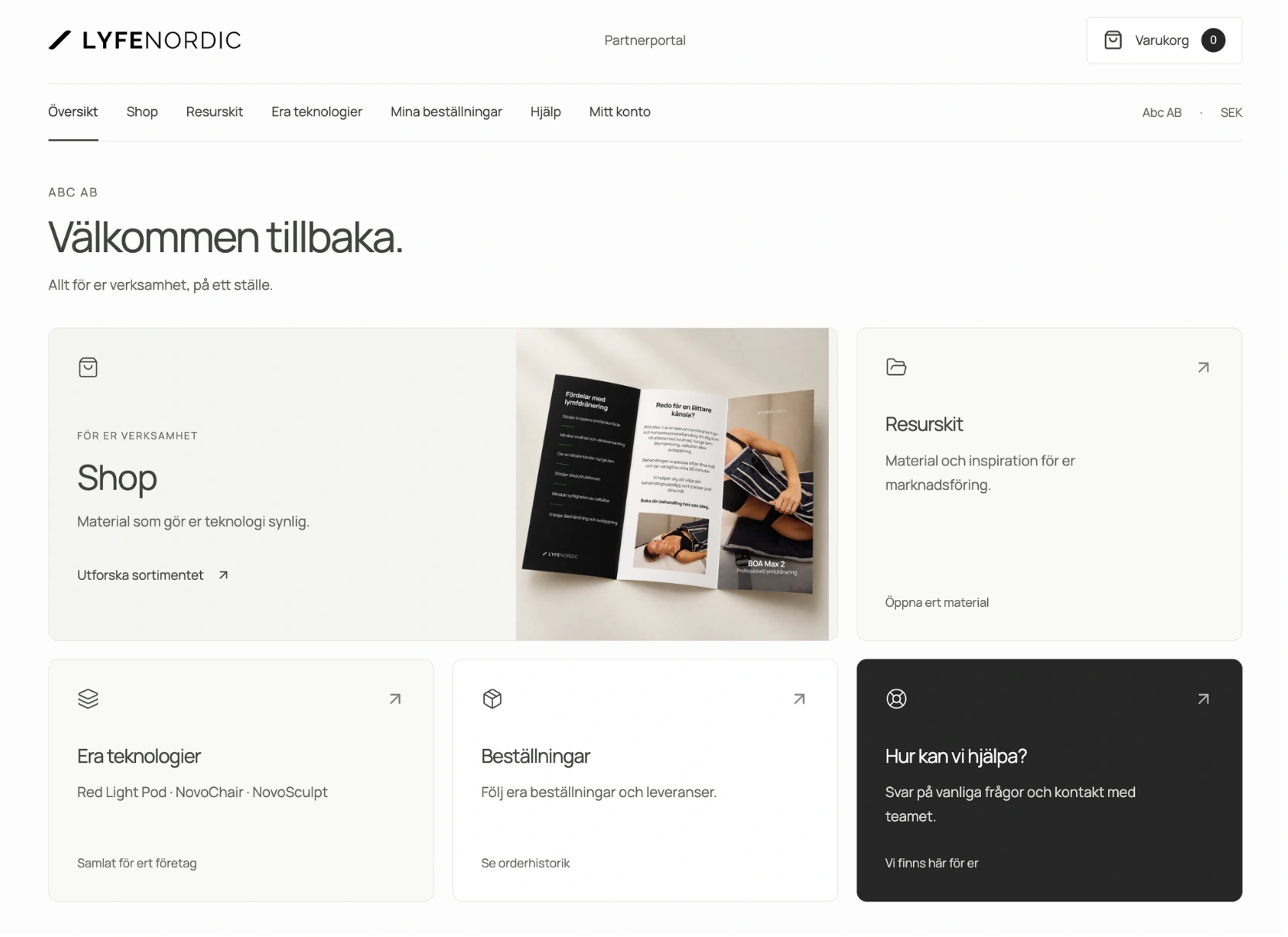 Översikten i Lyfe Nordic Partnerportal med genvägar till shop, resurskit, företagets teknologier, beställningar och hjälp.