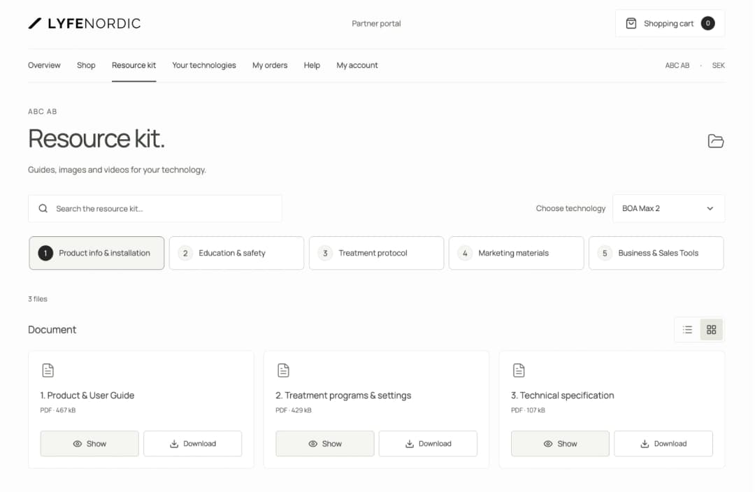 BOA Max 2 resource kit showing categories for product information, training, treatment protocols and marketing, with downloadable guides.
